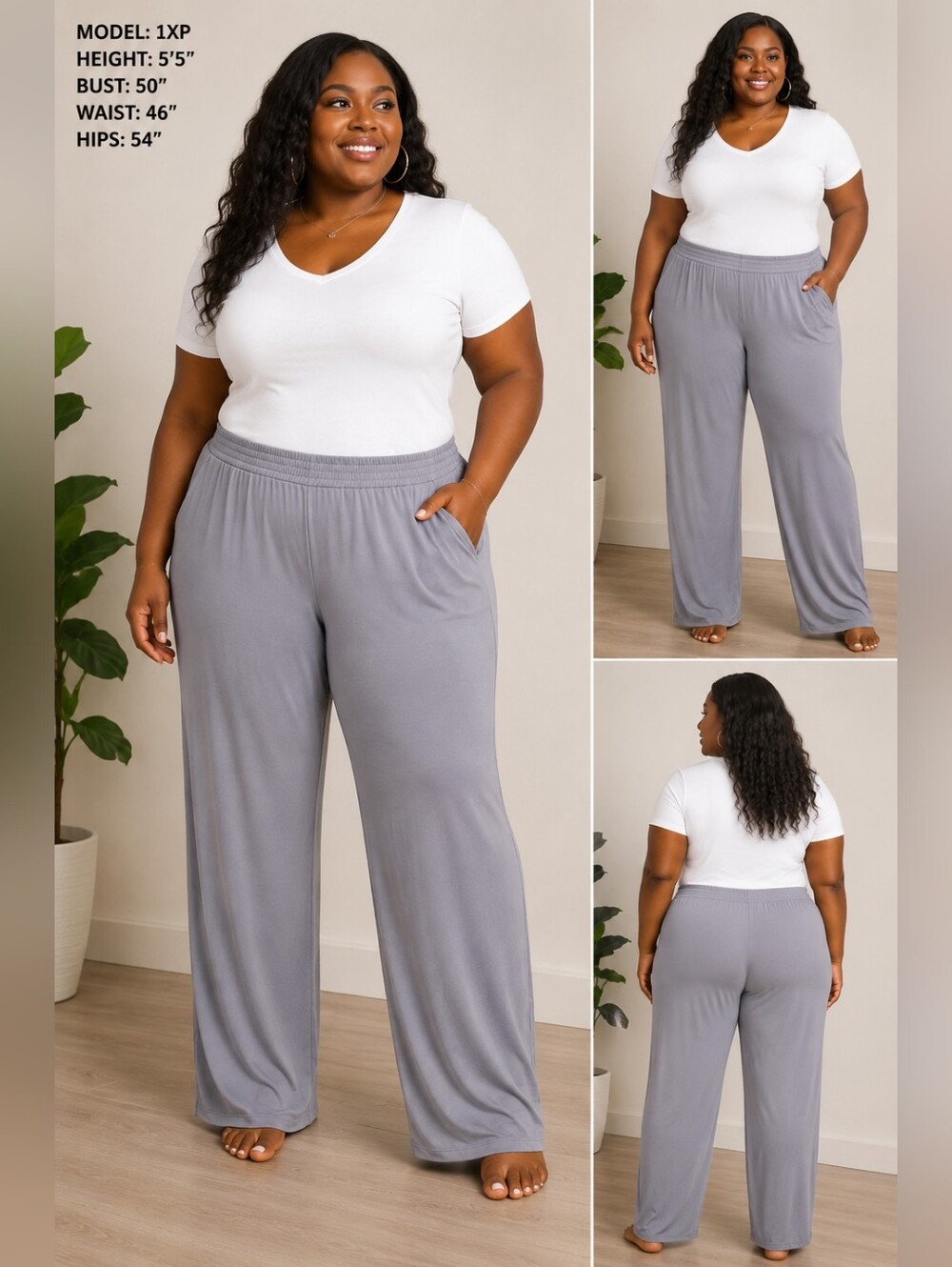 IMAN 1XP Petite Gray Pull On Wide Leg Pants Stretch Lounge Career